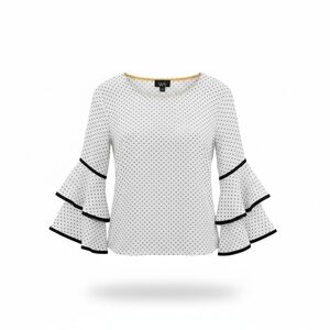 W5 White Polka Dot Blouse with Black Trim and Tiered Ruffle Sleeves